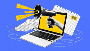 Marketing megaphone and laptop illustration